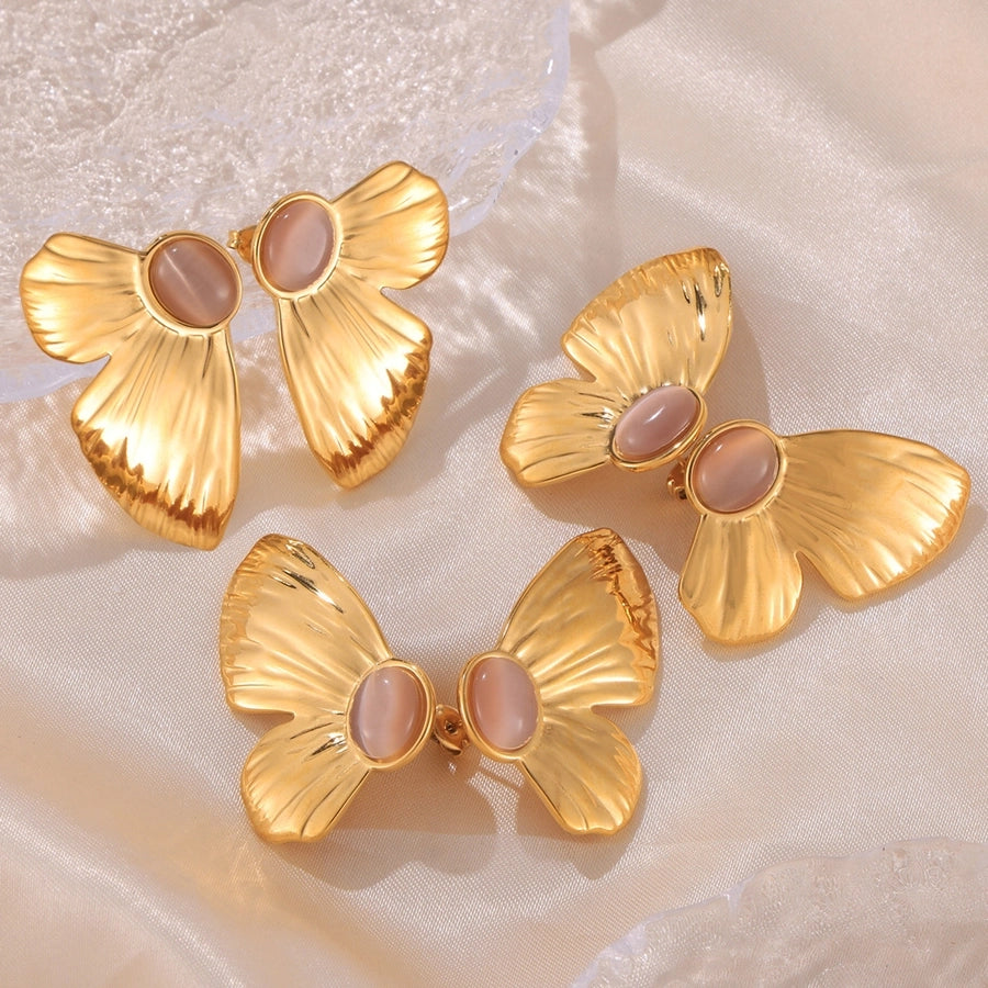 Pink Stone Oval Wings Wings Butterfly Earrings [304 Nerezová ocel, 18k zlaté pokovené]