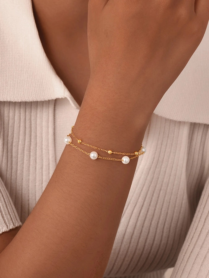 Imitation Pearl Layered Chain Bracelet [201 Stainless Steel, 18K Gold Plated]