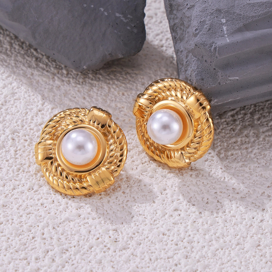 British Style Round Artificial Pearls eARRINGS [304 Stainless Steel,18K Gold Plated]