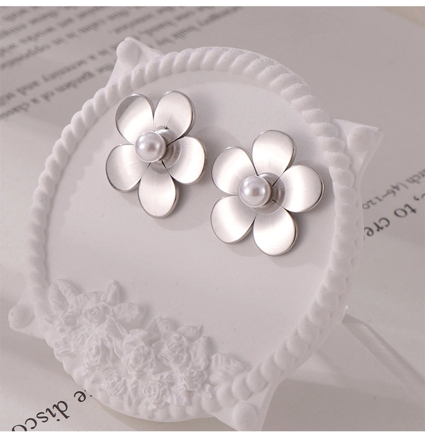 Round Flower Artificial Pearls Earrings [304 Stainless Steel,18K Gold Plated]