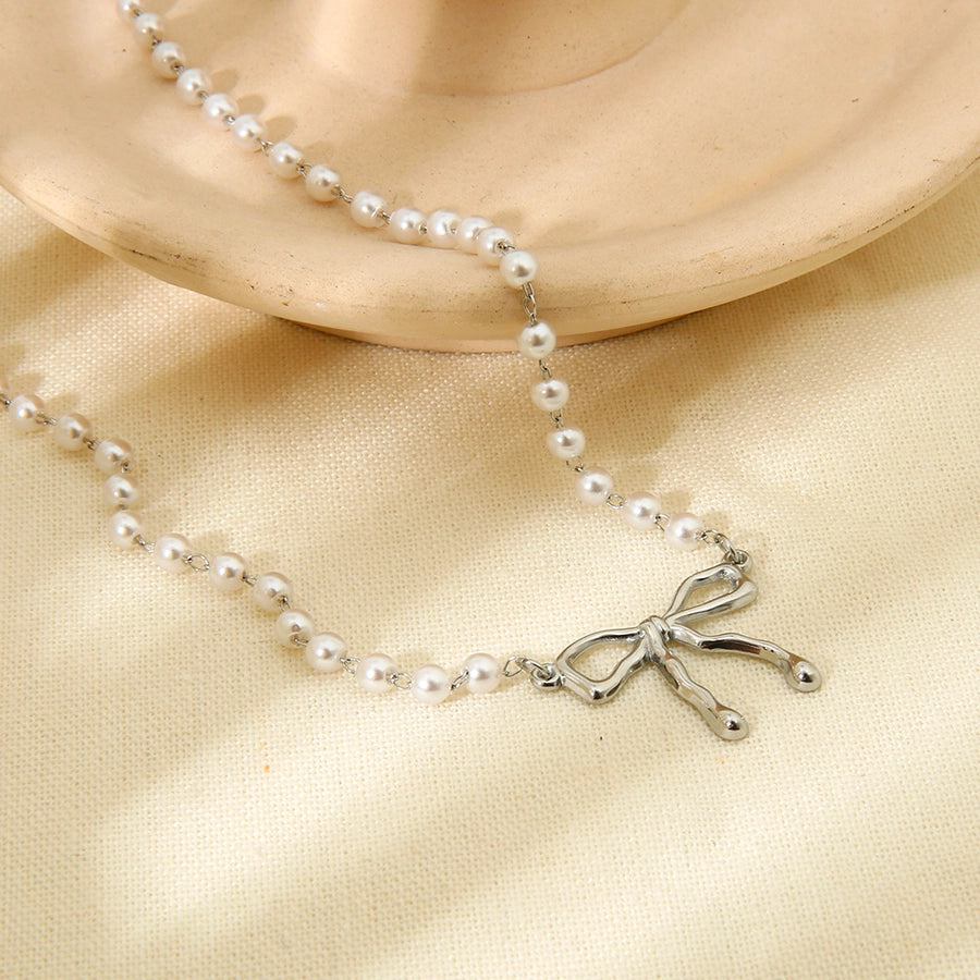 Bow Knot Beaded Pearl Pendant Necklace [304 Stainless Steel]