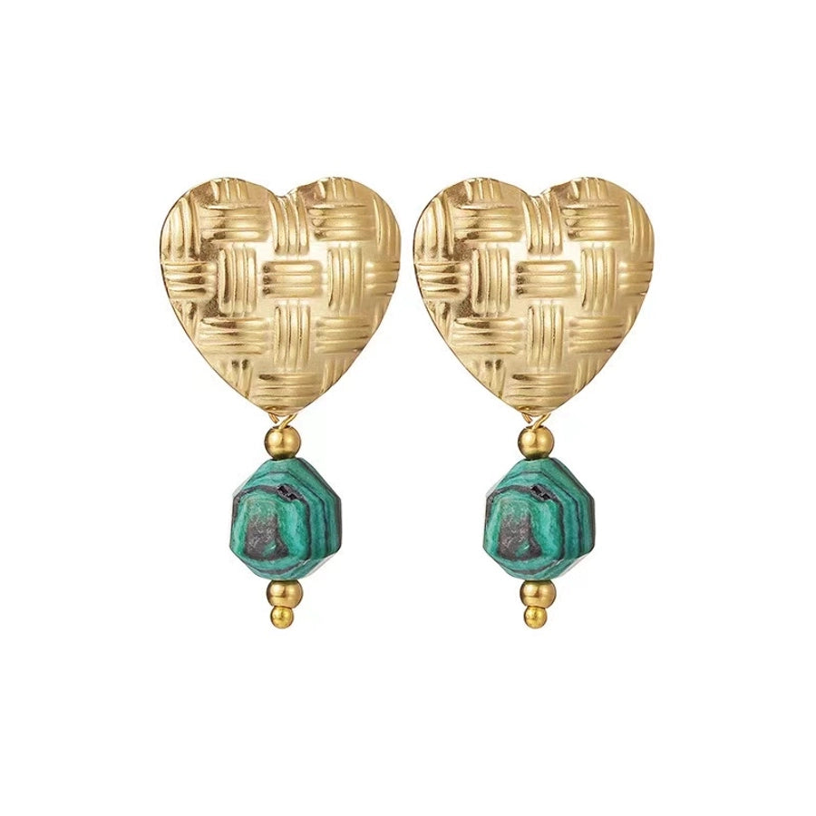 Round Beaded Heart Earrings [304 Stainless Steel, 14K Gold Plated]