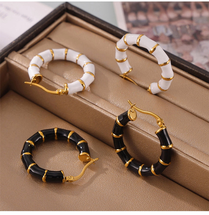 U Shape Bamboo Enamel Earrings [304 Stainless Steel,18K Gold Plated]