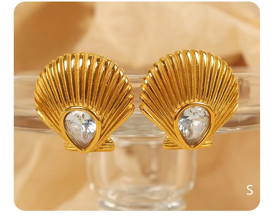 Scallop Zircon Earrings [304 Stainless Steel,18K Gold Plated]