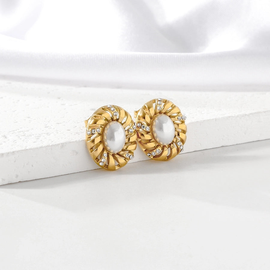 Oval Artificial Pearls Earrings [304 Stainless Steel,18K Gold Plated]