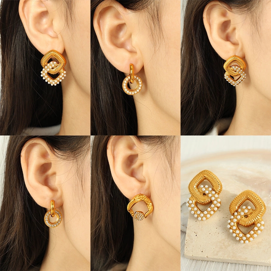 Geometric Round Square Artificial Pearls Rhinestones Earrings [304 Stainless Steel,18K Gold Plated]