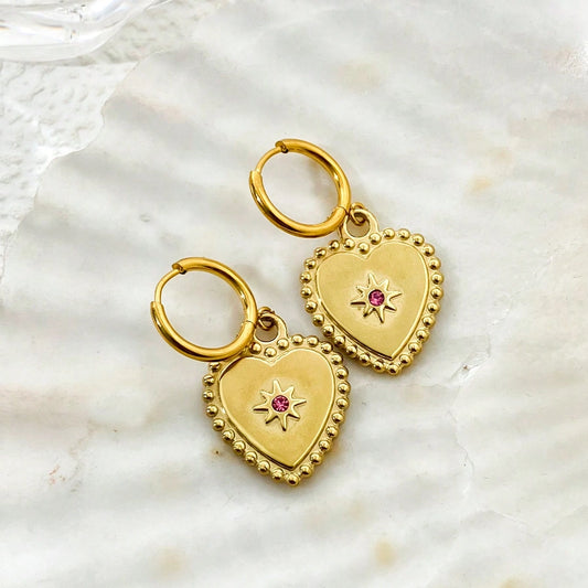 Red Ston Heart Drop Earrings [304 Stainless Steel,14K Gold Plated]