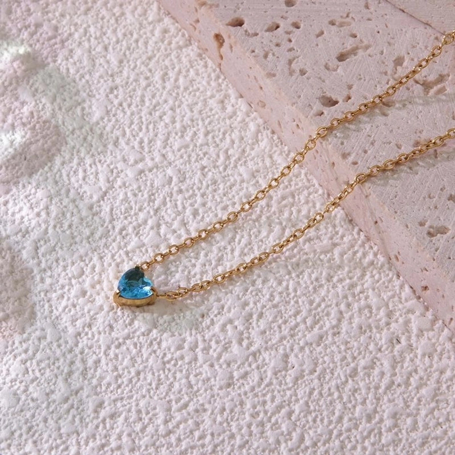 Heart Shape Rhinestones Birthstone Necklace [304 Stainless Steel,18K Gold Plated]