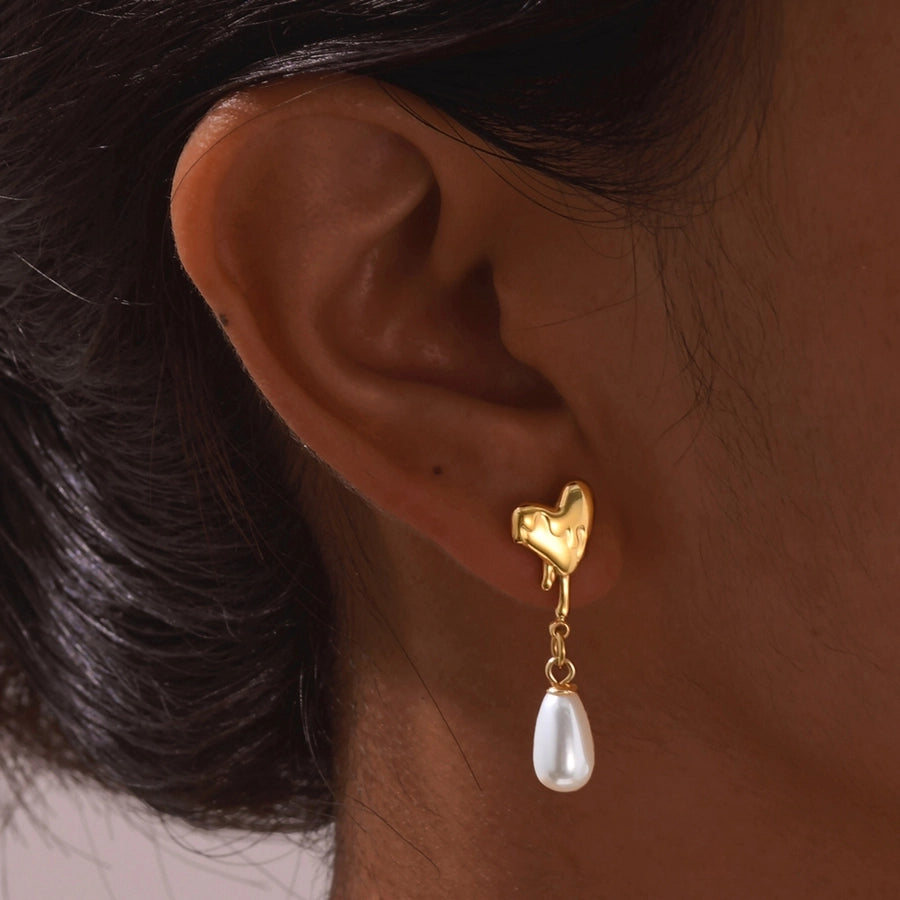 Water Droplets Heart Shape Earrings [304 Stainless Steel,18K Gold Plated]