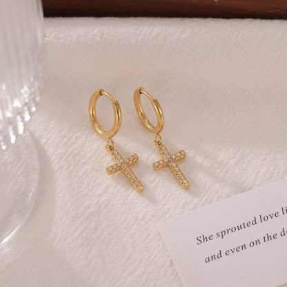 Cross Zircon Drop Earrings [304 Stainless Steel,16K Gold Plated]