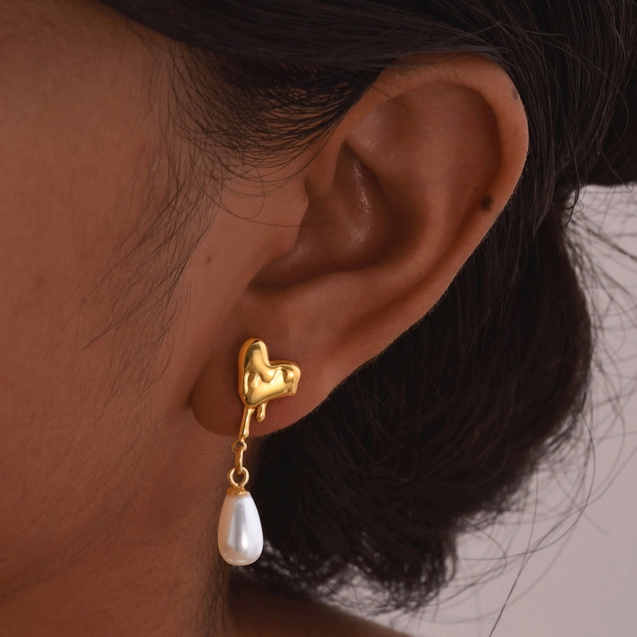 Water Droplets Heart Shape Earrings [304 Stainless Steel,18K Gold Plated]