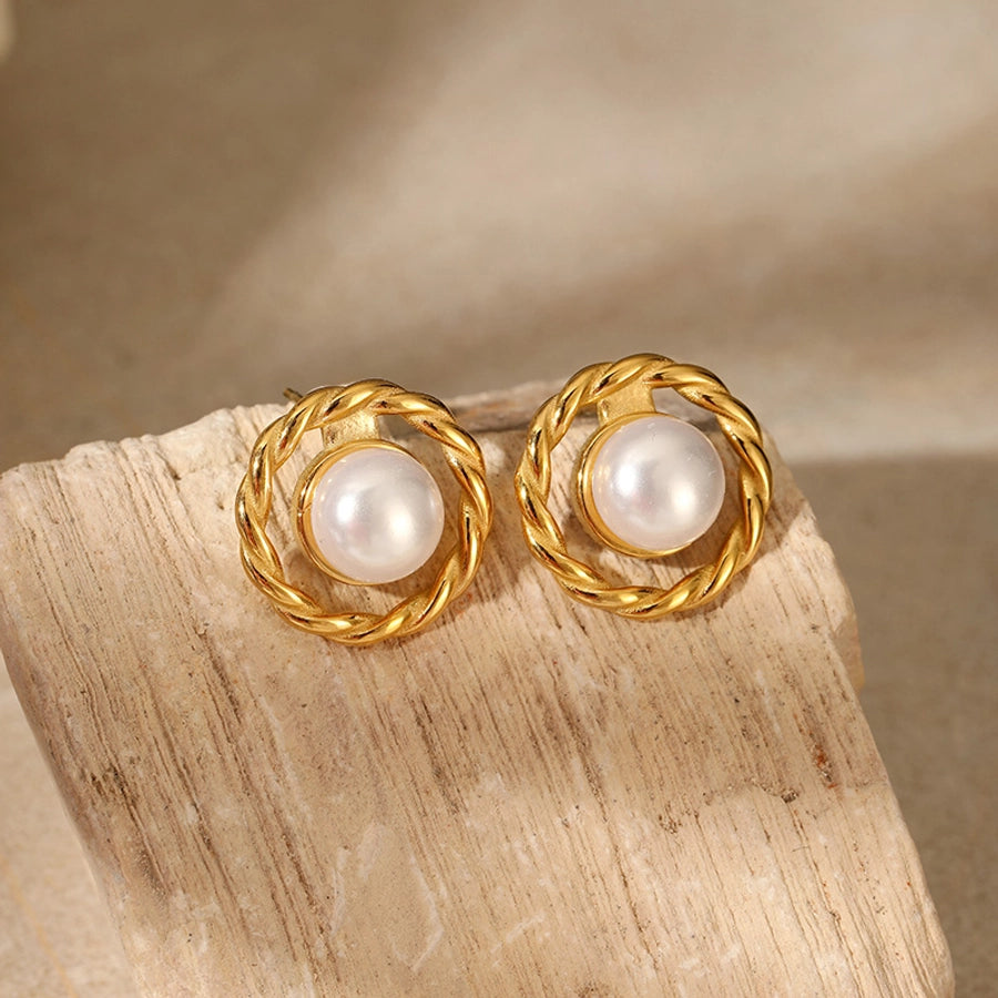 Round Artificial Pearls Ear Studs [304 Stainless Steel,18K Gold Plated]