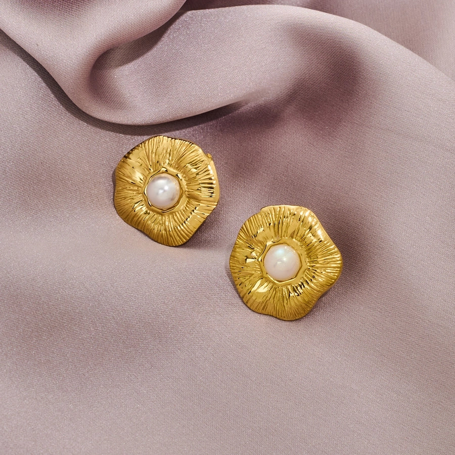 Round Flower Pearl Earrings [316 Stainless Steel,18K Gold Plated]