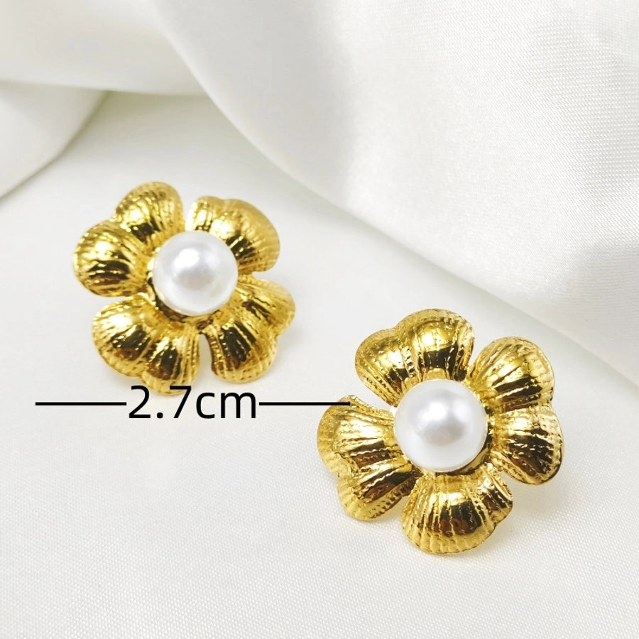 Flower Artificial Pearls Earrings [304 Stainless Steel,18K Gold Plated]