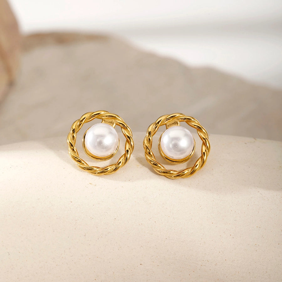 Round Artificial Pearls Ear Studs [304 Stainless Steel,18K Gold Plated]