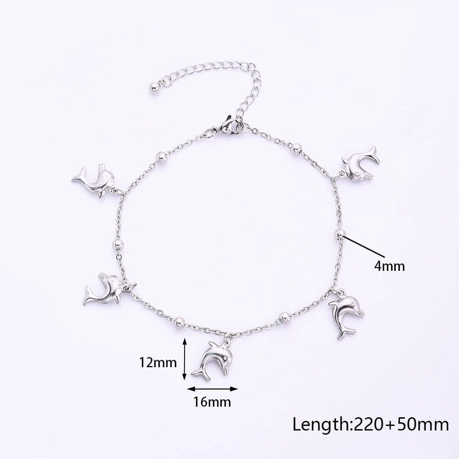 Silver Hawaiian Vacation Beach Dolphin Shell Fish 3Anklet [304 Stainless Steel]