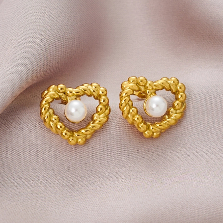 Sweet Heart Shape Pearl Twist Earrings [304 Stainless Steel,18K Gold Plated]