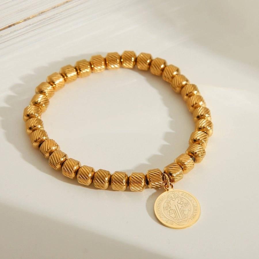 Elastic String Round Beads Bracelets [201 Stainless Steel,18K Gold Plated]