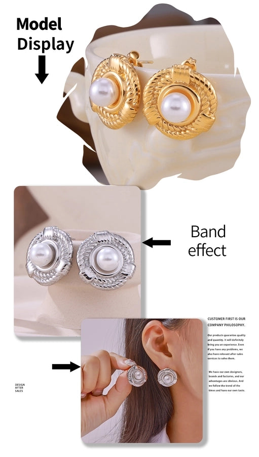 British Style Round Artificial Pearls eARRINGS [304 Stainless Steel,18K Gold Plated]