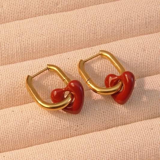 Red Heart Shape Earrings [304 Stainless Steel,18K Gold Plated]