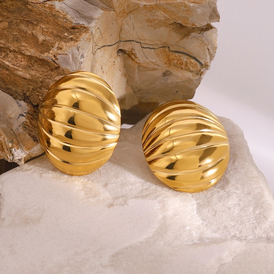 Oval Glossy Rib Concave and Convex Chubby Earrings [304 Stainless Steel, 18K Gold Plated]