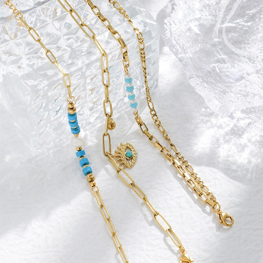 Bracelets à chaîne de trombone turquoise rond [304 en acier inoxydable 14k plaqués à l'or]