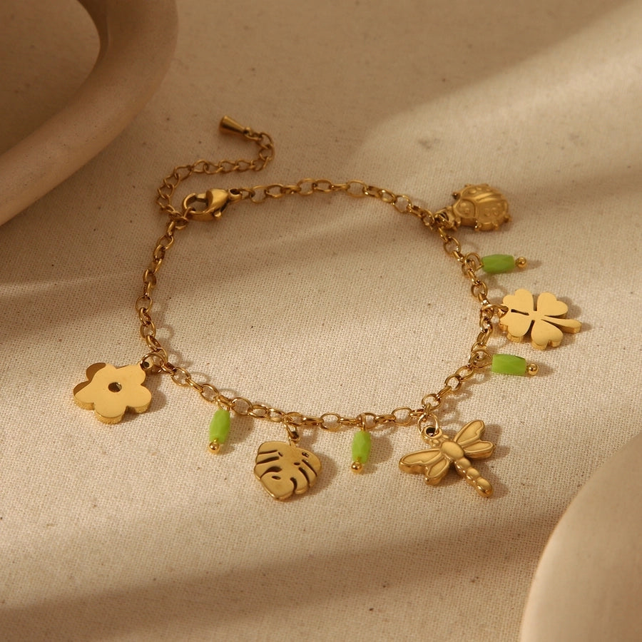 Four Leaf Clover Flower/Dragonfly Bracelets [304 Stainless Steel, 18K Gold Plated]