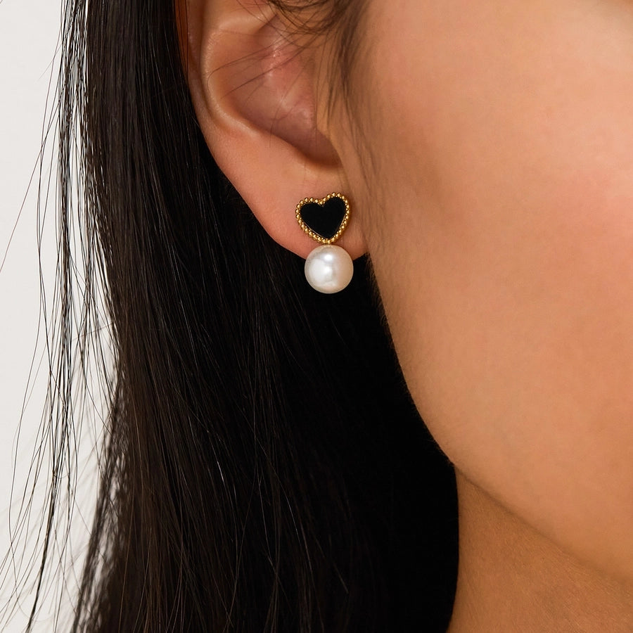 Black Heart Shape Pearl Earrings [304 Stainless Steel]