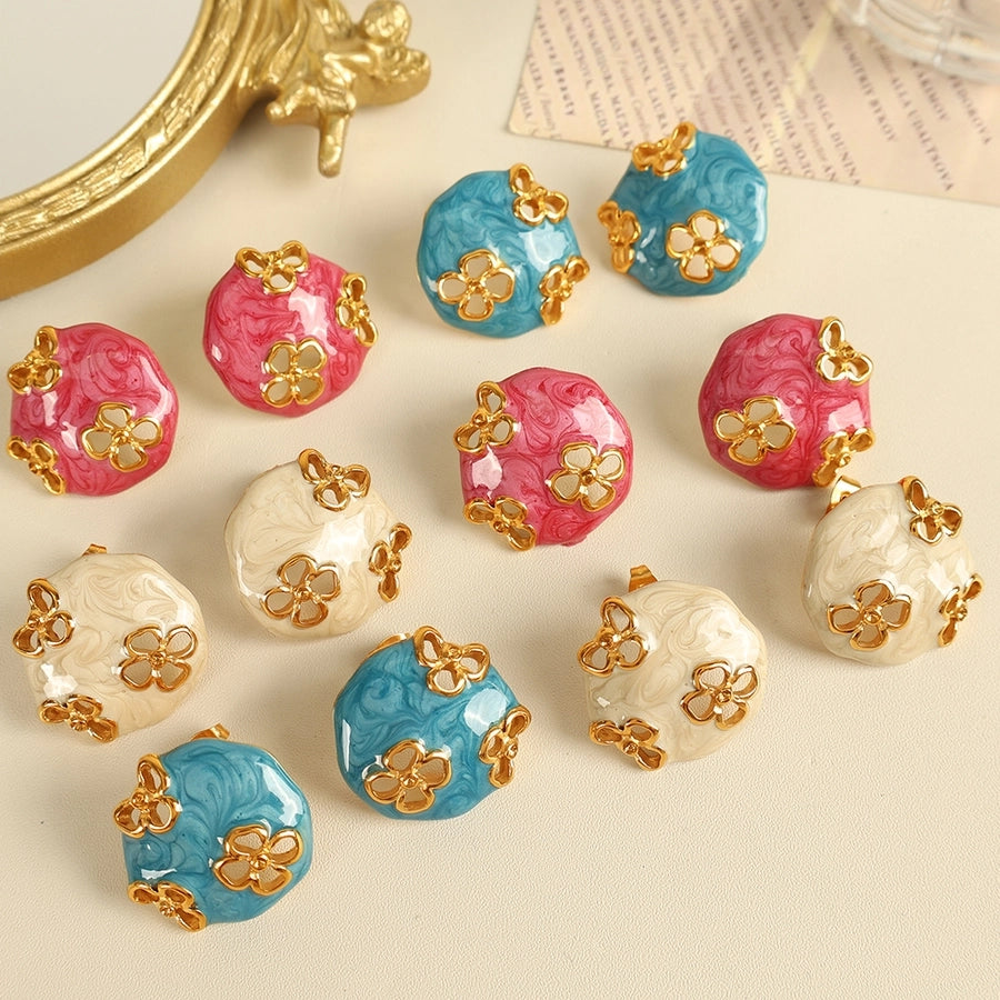 French Style Flower Resin Earrings [304 Stainless Steel,18K Gold Plated]