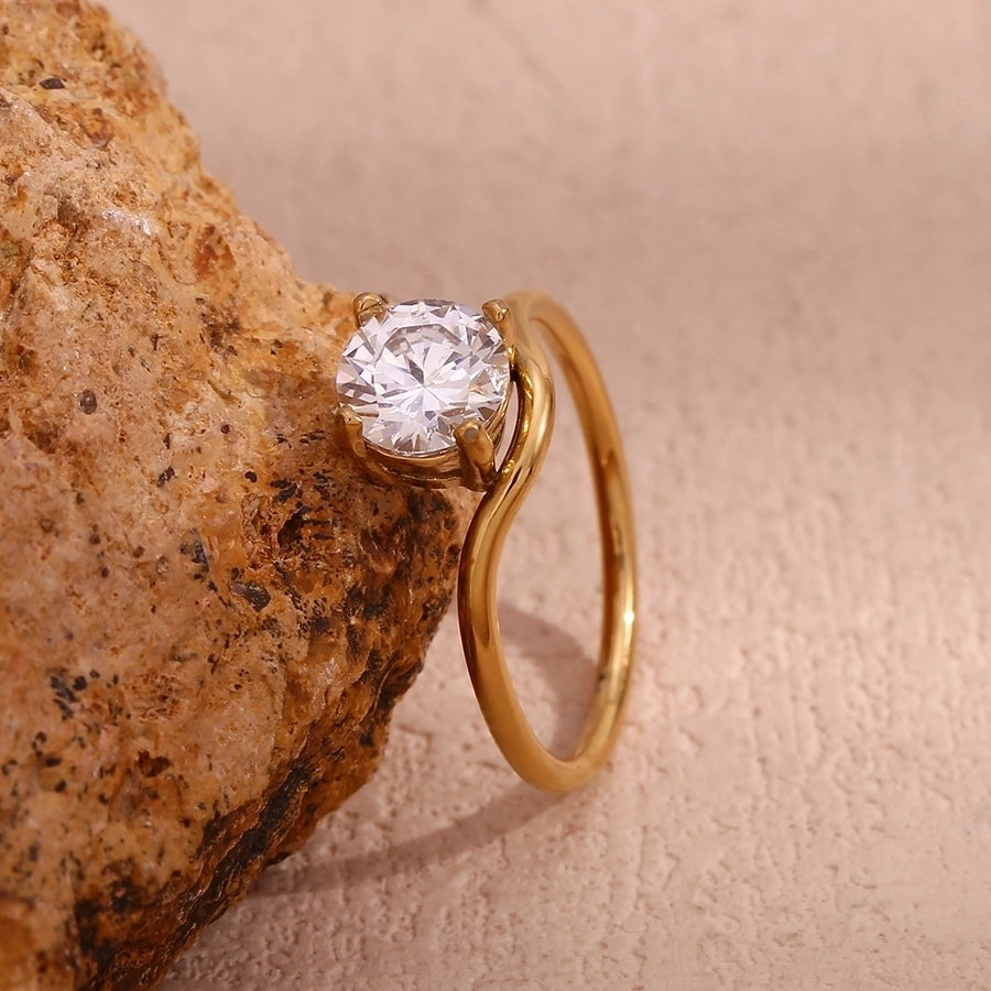 Triangle Round Water Droplets Zircon Ring [304 Stainless Steel, 18K Gold Plated]