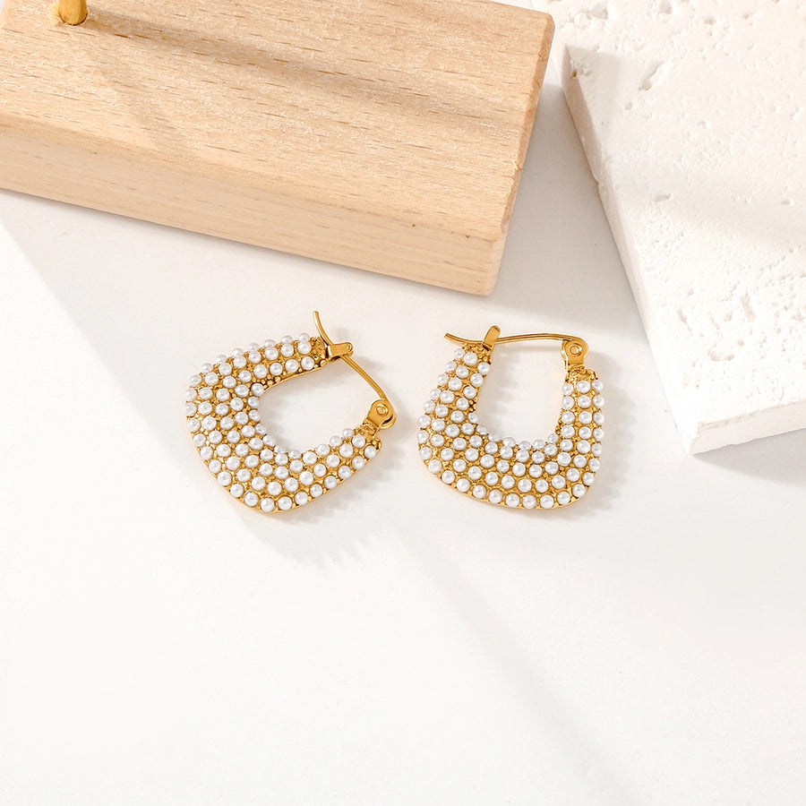 Square Hoop Pearl Earrings [304 Stainless Steel,18K Gold Plated]