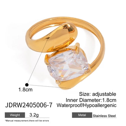 Square Zircon Open Ring [304 Stainless Steel, 18K Gold Plated]