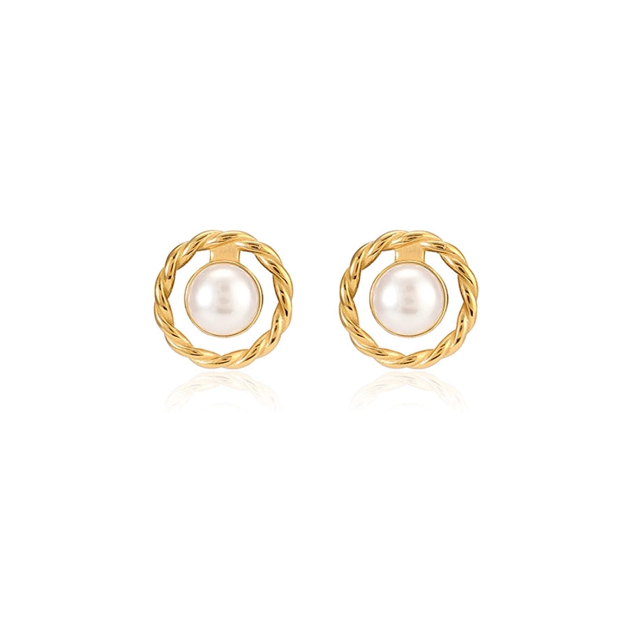 Round Artificial Pearls Ear Studs [304 aço inoxidável, peito de ouro 18k]