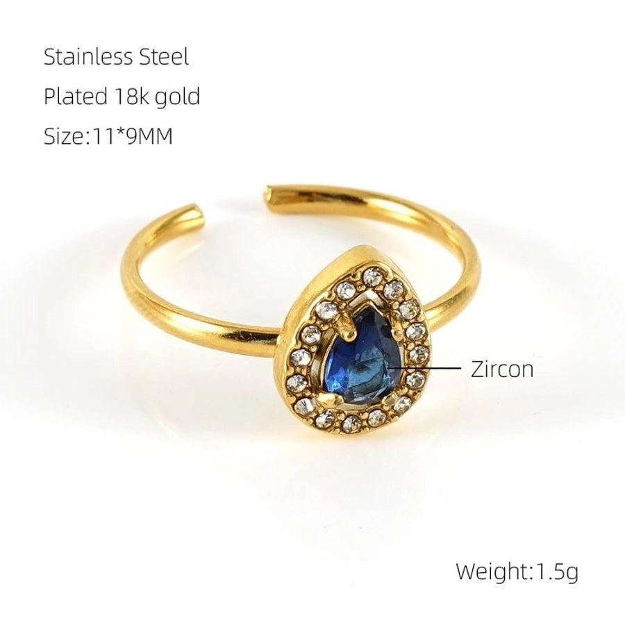 Shiny  Square Water Droplets Heart Shape Zircon Open Ring [Stainless Steel 18K Gold Plated]