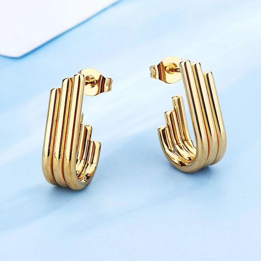 U shape Vertical Stripes Earrings [304 Stainless Steel,18K Gold Plated]