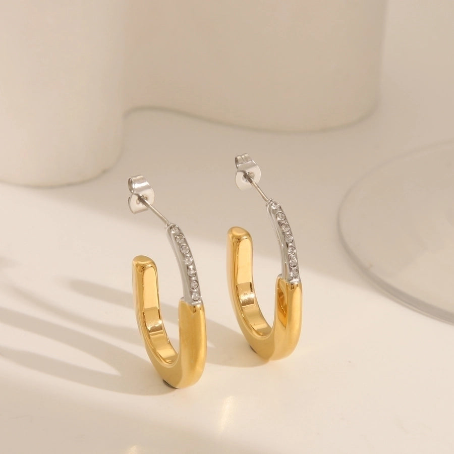 Silver Gold U Shape Zircon Earrings [304 Stainless Steel,18K Gold Plated]