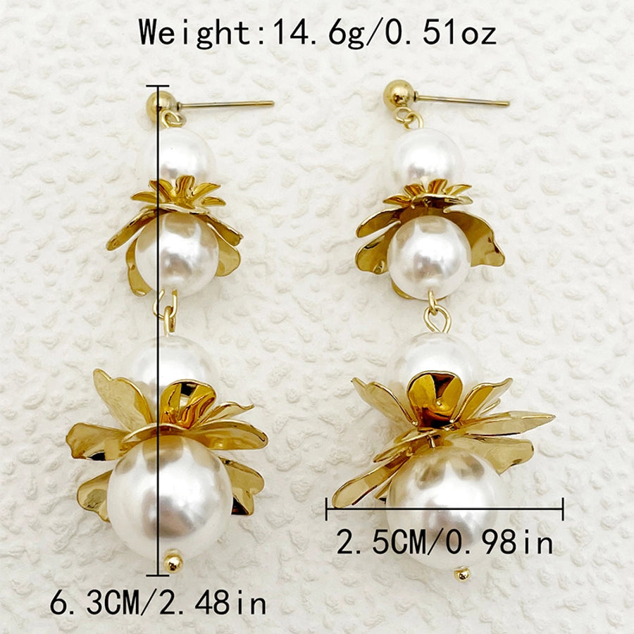 Flower Inlay Pearl Drop Earrings [304 Stainless Steel,14K Gold Plated]