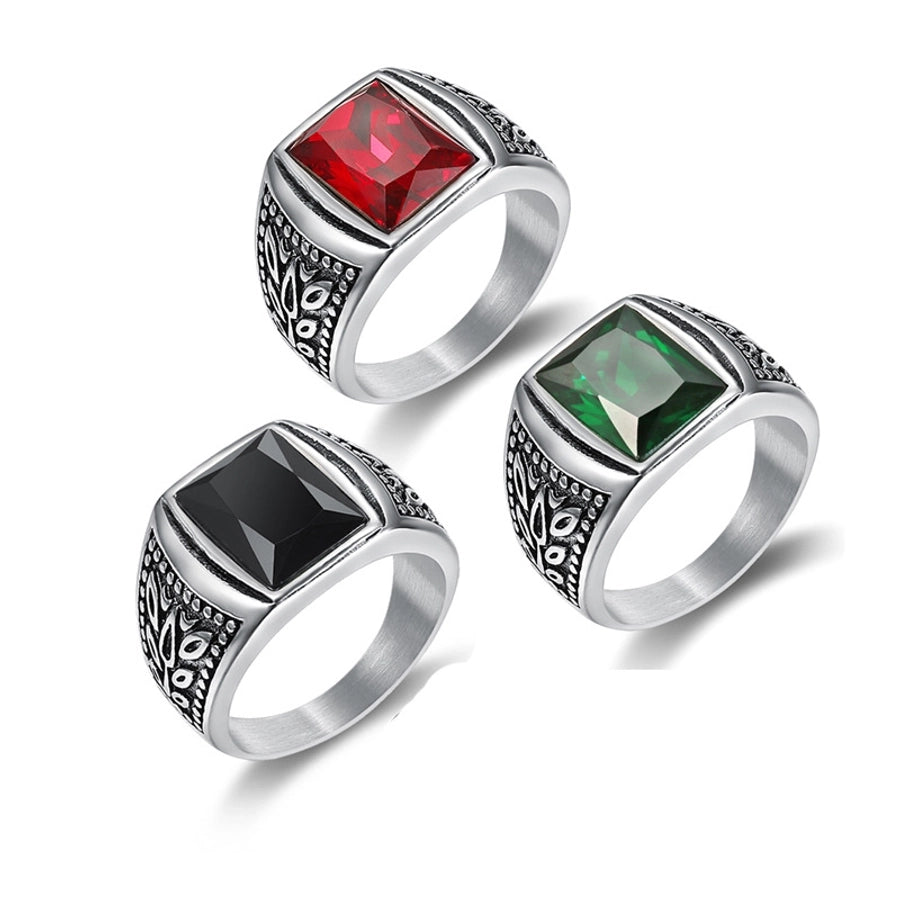 retro geometric stainless steel inlay artificial gemstones men's rings