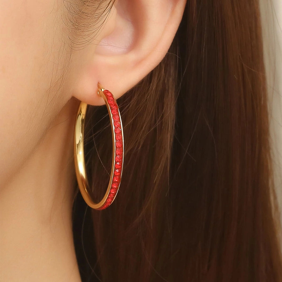 Studded withRhinestones Color Hoop Earrings [Stainless Steel]