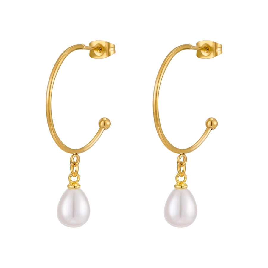 Drop Pearl Hoop Earrings [316 Stainless Steel,18K Gold Plated]