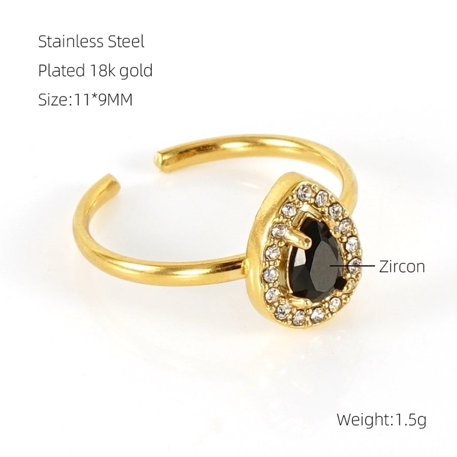 Shiny  Square Water Droplets Heart Shape Zircon Open Ring [Stainless Steel 18K Gold Plated]