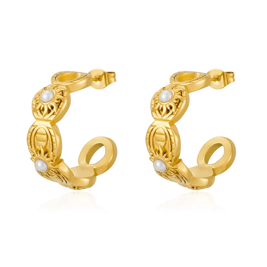 C Shape Sun Inlay Artificial Pearls Earrings [304 Stainless Steel,18K Gold Plated]