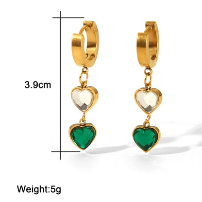 Green Heart Shape Drop Earrings [304 Stainless Steel,18K Gold Plated]