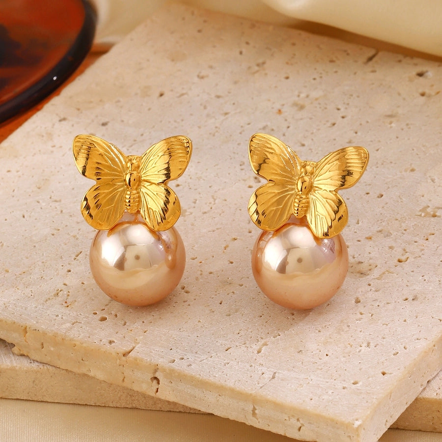 Butterfly Artificial Pearls Earrings [304 Stainless Steel,18K Gold Plated]