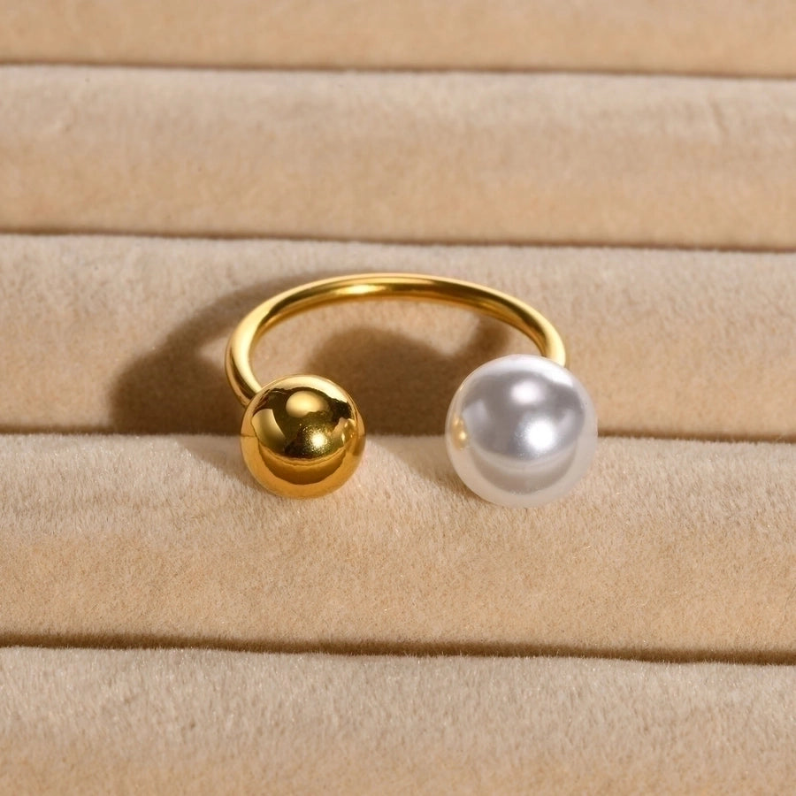 Single Pearl Single Bead Open Ring [304 Stainless Steel 18K Gold Plated]