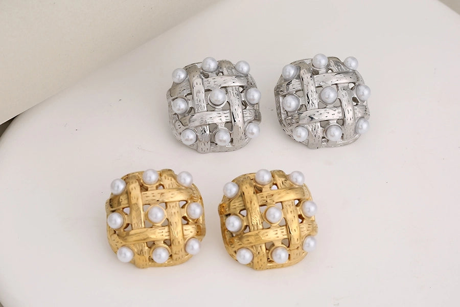 Luxurious Square Grid Rhinestone Earrings [304 Stainless Steel,18K Gold Plated]