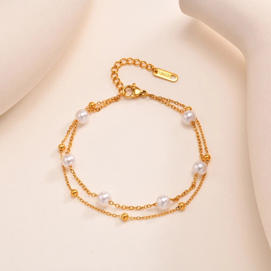 Imitation Pearl Layered Chain Bracelet [201 Stainless Steel, 18K Gold Plated]