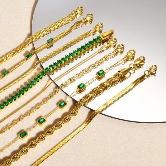 Green Zircon Chain Bracelets [201 Stainless Steel, 18K Gold Plated]