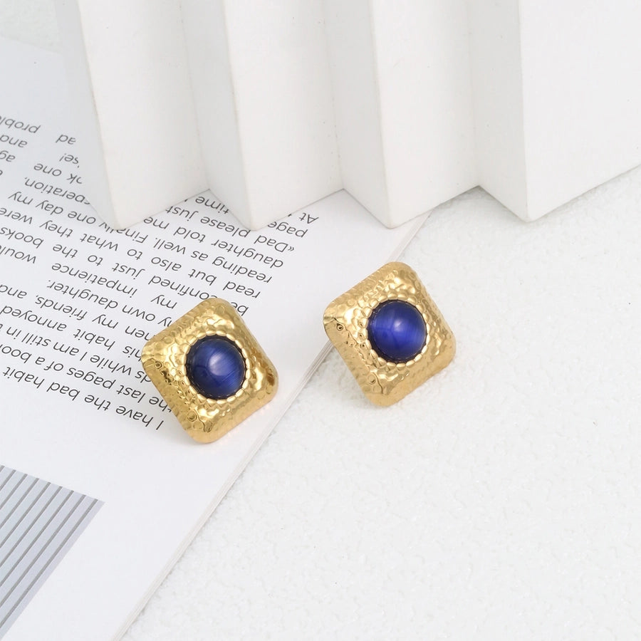 Square Natural Stone Ear Studs [304 Stal nierdzewna, 18 -karatowy złota]