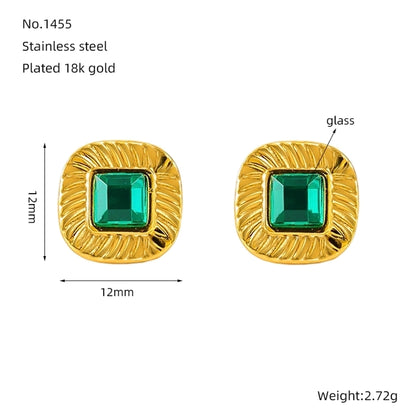 Square Green Glass Stone Earrings [304 Stainless Steel,18K Gold Plated]